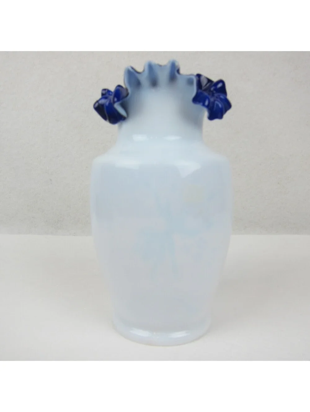 Antique Blue Opaline Glass Vase Hand Painted Floral Design Ruffled Double Crimp